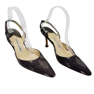 Manolo Blahnik Vintage Slingback Kitten Heels 37.5 Brown Fabric Pointed Toe